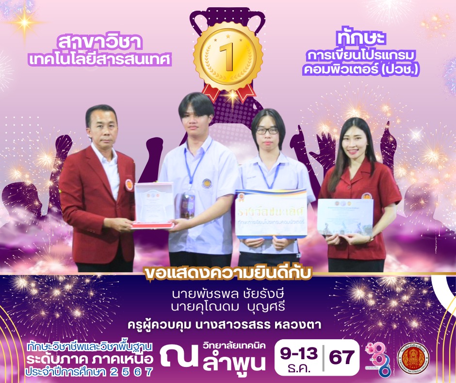 ได้รับรางวัลชนะเลิศ การแข่งขันทักษะการเขียนโปรแกรมคอมพิวเตอร์ ระดับภาค ภาคเหนือ สาขาวิชาเทคโนโลยีสารสนเทศ