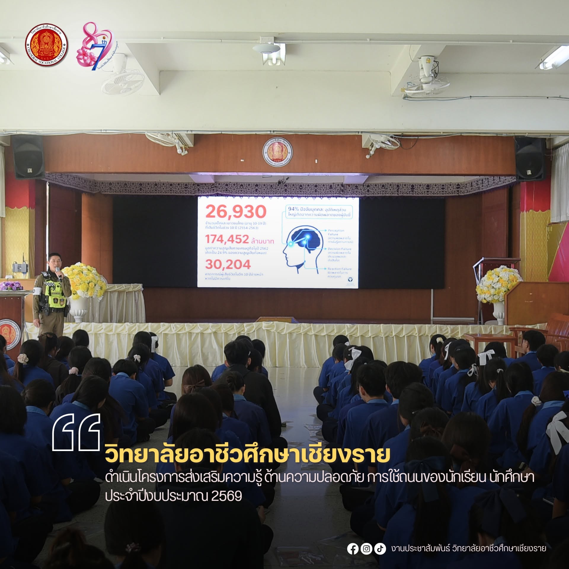 ดำเนินโครงการส่งเสริมความรู้ ด้านความปลอดภัย การใช้ถนนของนักเรียน นักศึกษา ประจำปีงบประมาณ 2569